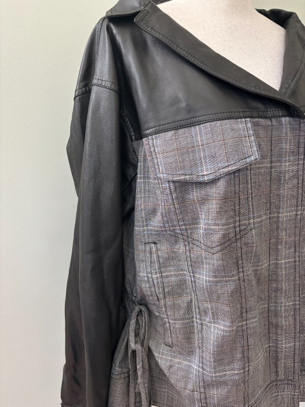ADEAM Oversized Ruched Jacket — Grey Plaid with Faux Leather, size L Like New - Picture 2 of 6